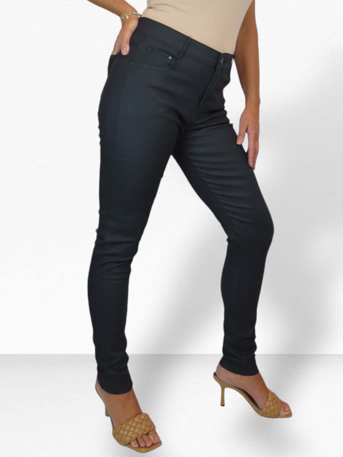 Womens High Waist Stretch Leather Look Jeans Matte Black