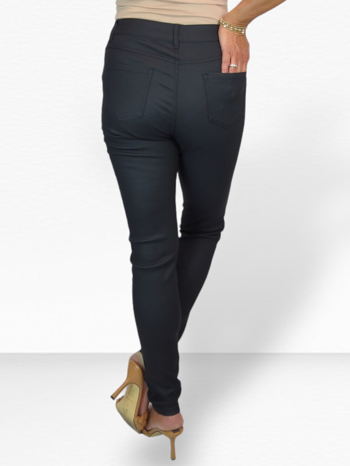 Womens High Waist Stretch Leather Look Jeans Matte Black