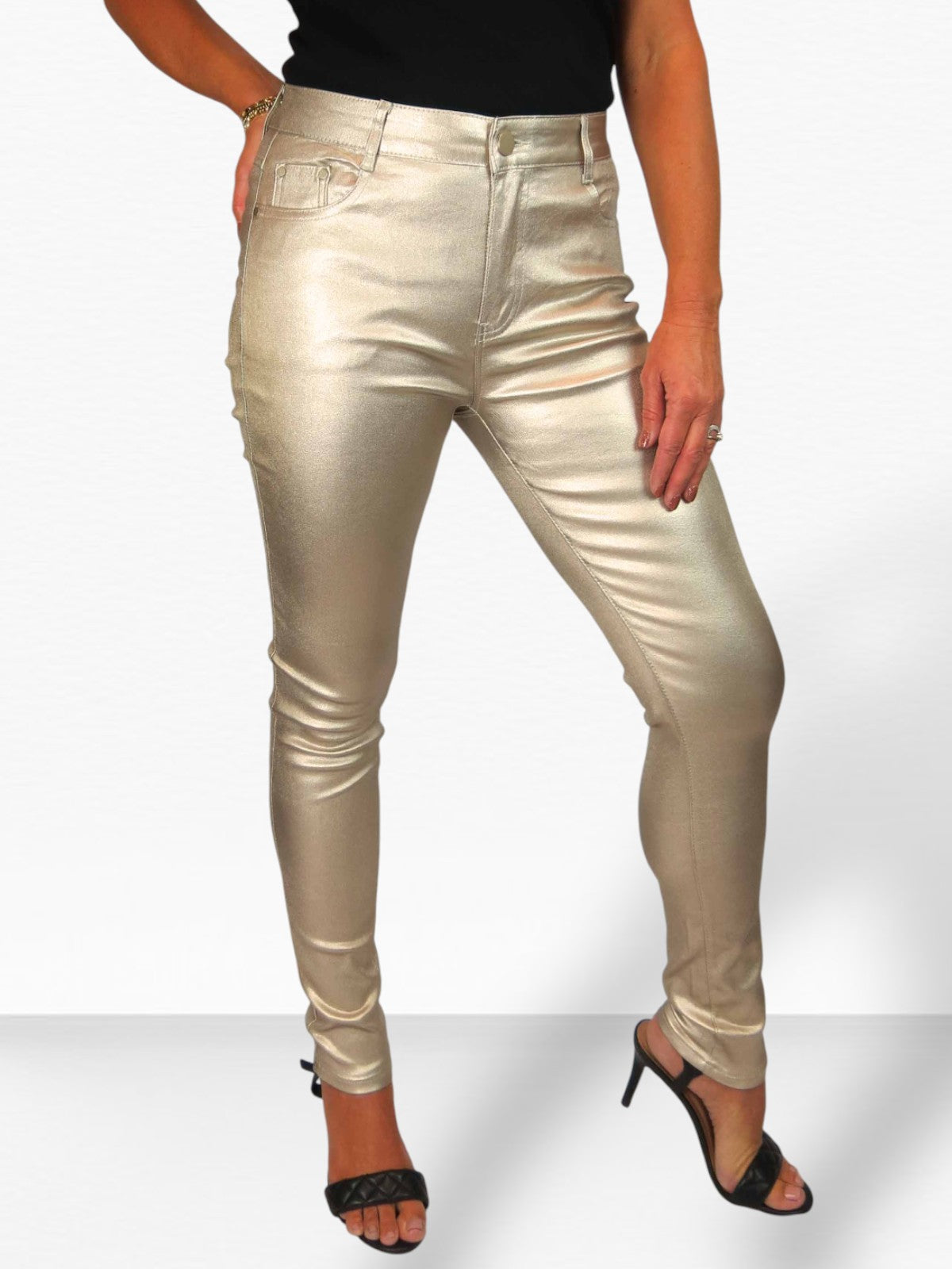 Womens High Waist Stretch Leather Look Jeans Gold