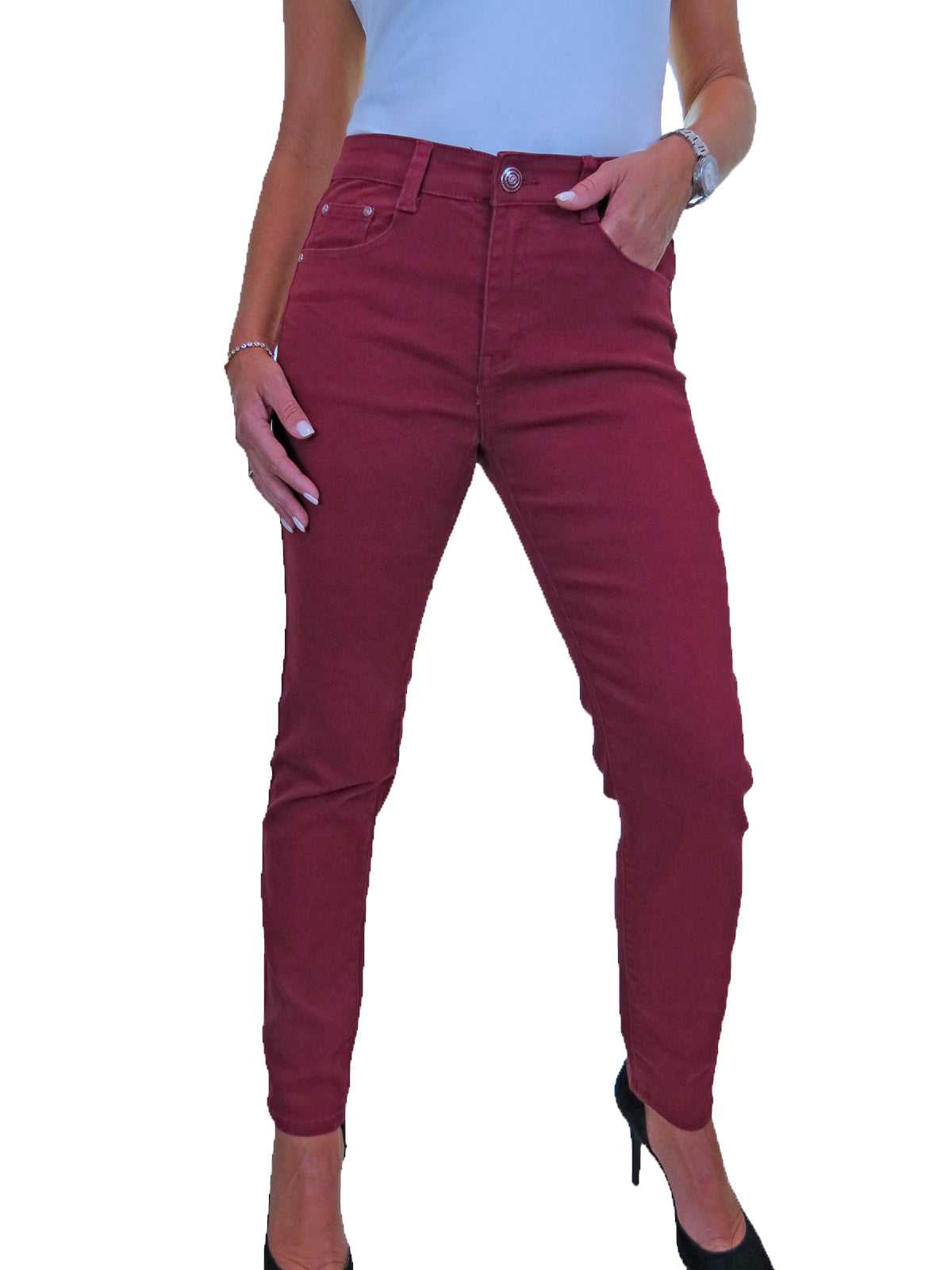 Womens High Waist Stretch Denim Jeans Burgundy Red – Icecoolfashion