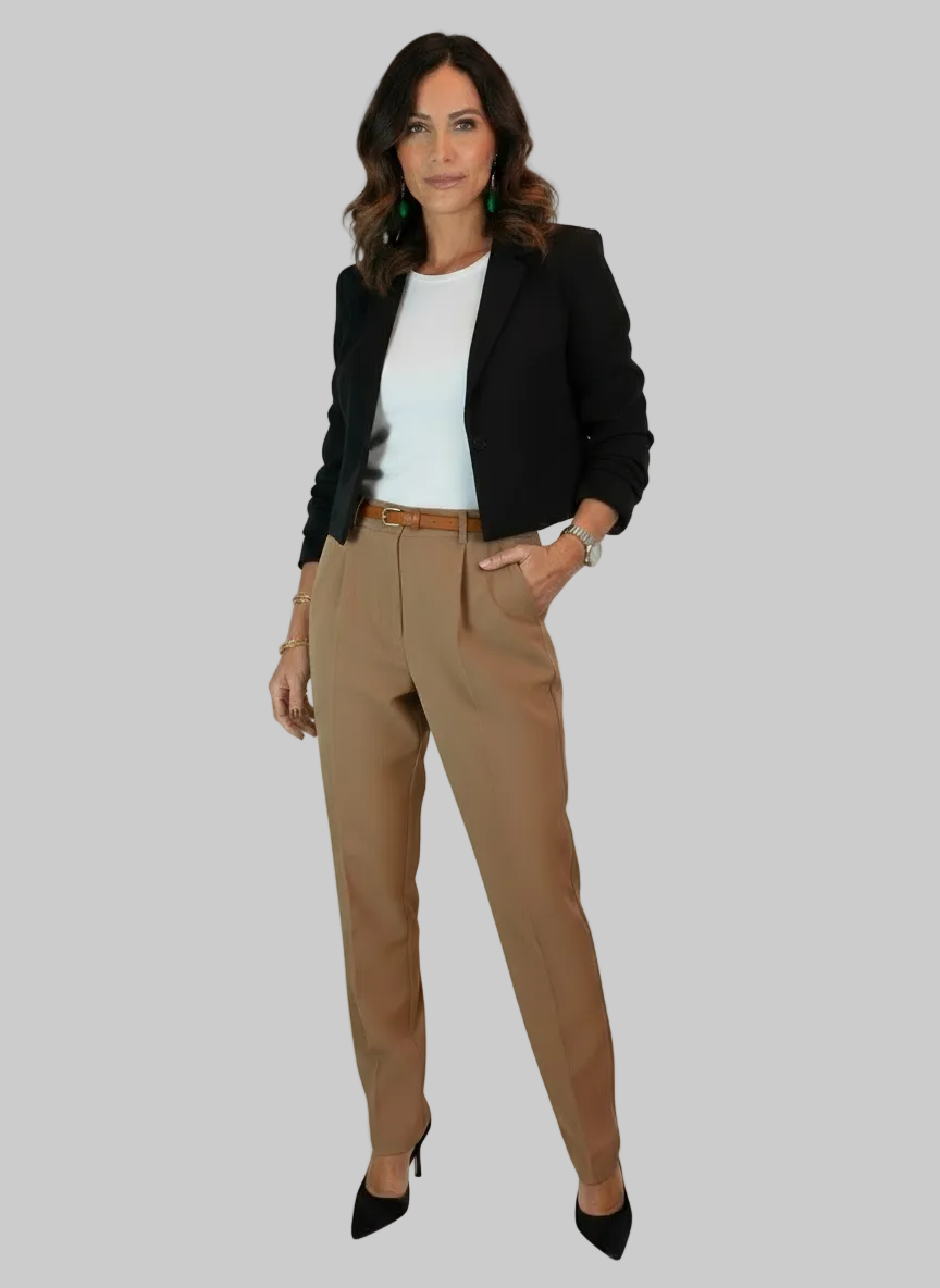 Smart Tapered Leg Pleated Trousers Tan