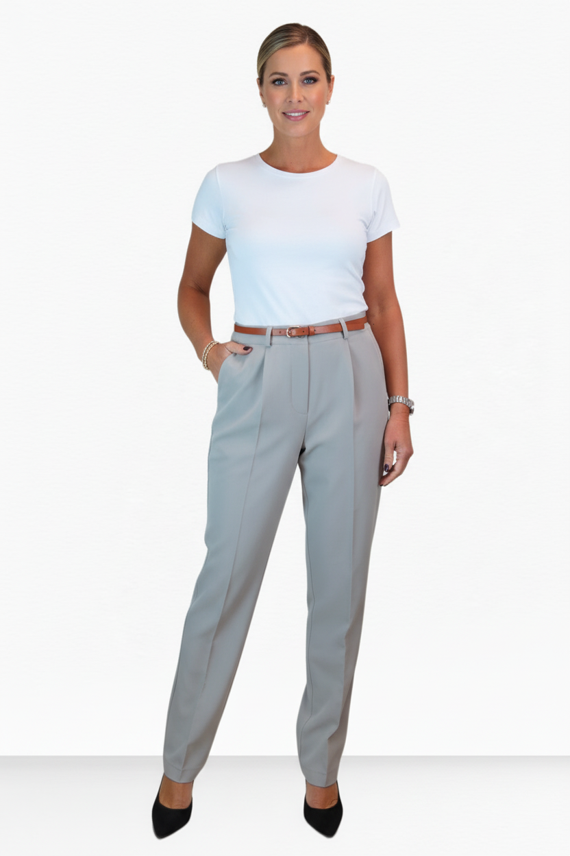 Smart Tapered Leg Pleated Trousers Light Grey