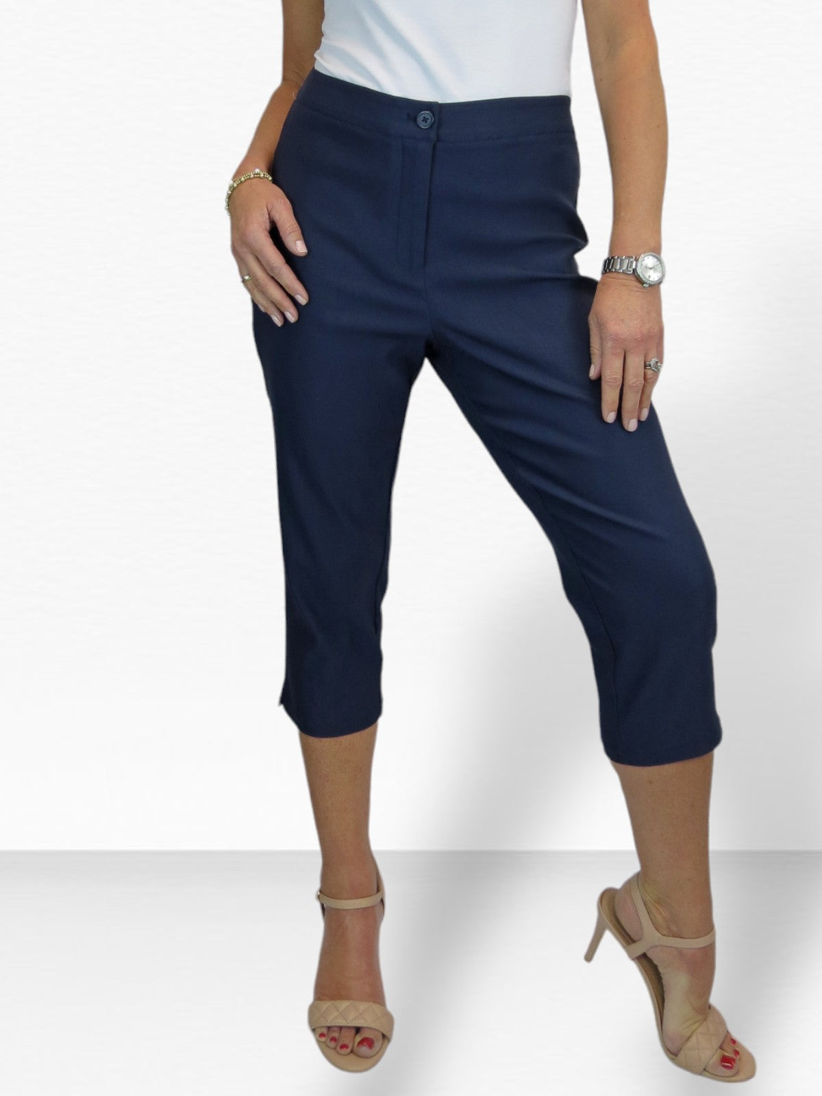 Women's Cropped 3/4 Length Capri Trousers Navy Blue