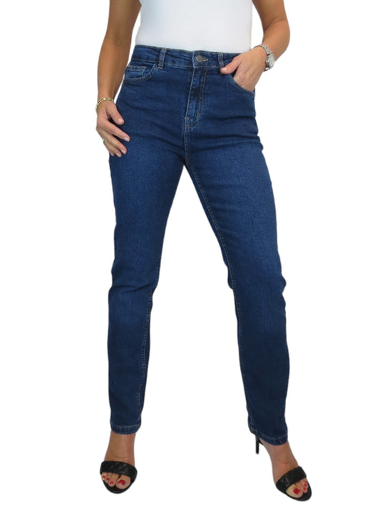 Women's Straight Leg Stretch Denim Jeans Dark Blue Faded