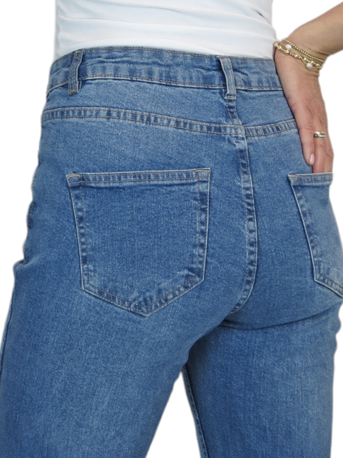 Women's Straight Leg Stretch Denim Jeans Mid Blue Faded