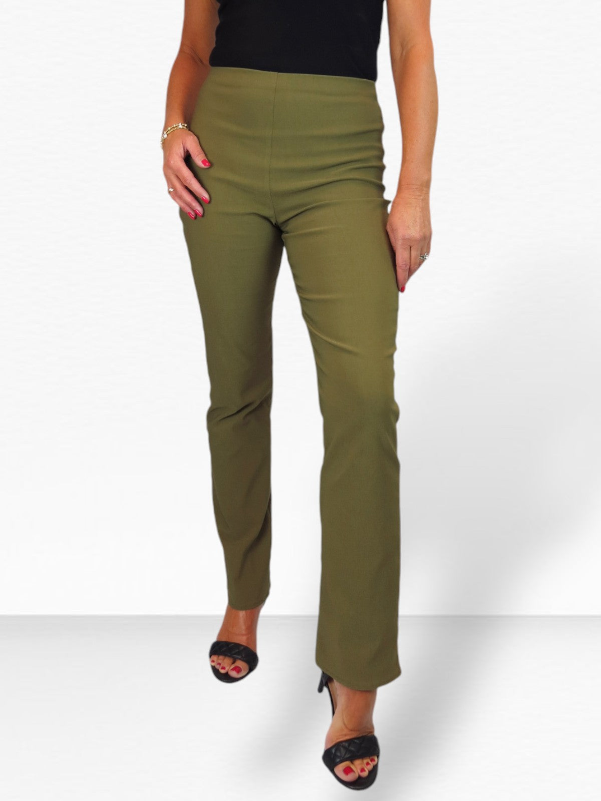 Elasticated Waist Straight Leg Trousers Khaki Green