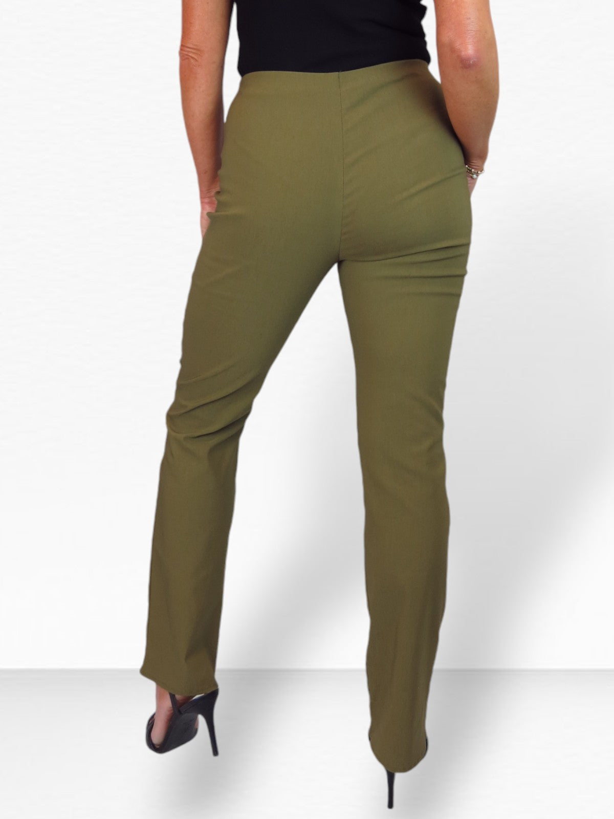 Elasticated Waist Straight Leg Trousers Khaki Green