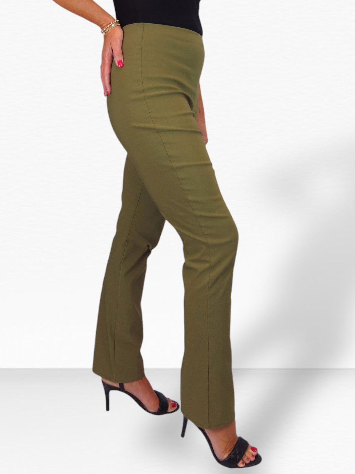 Elasticated Waist Straight Leg Trousers Khaki Green