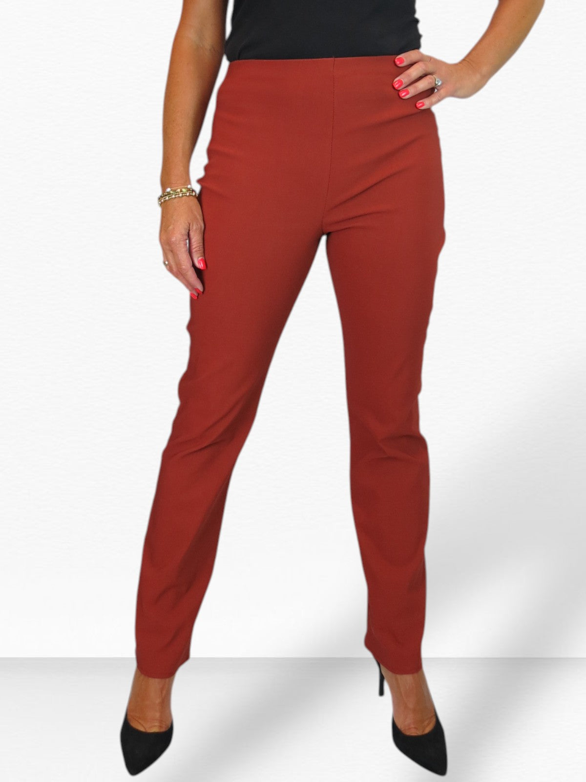 Elasticated Waist Straight Leg Trousers Rust Brown