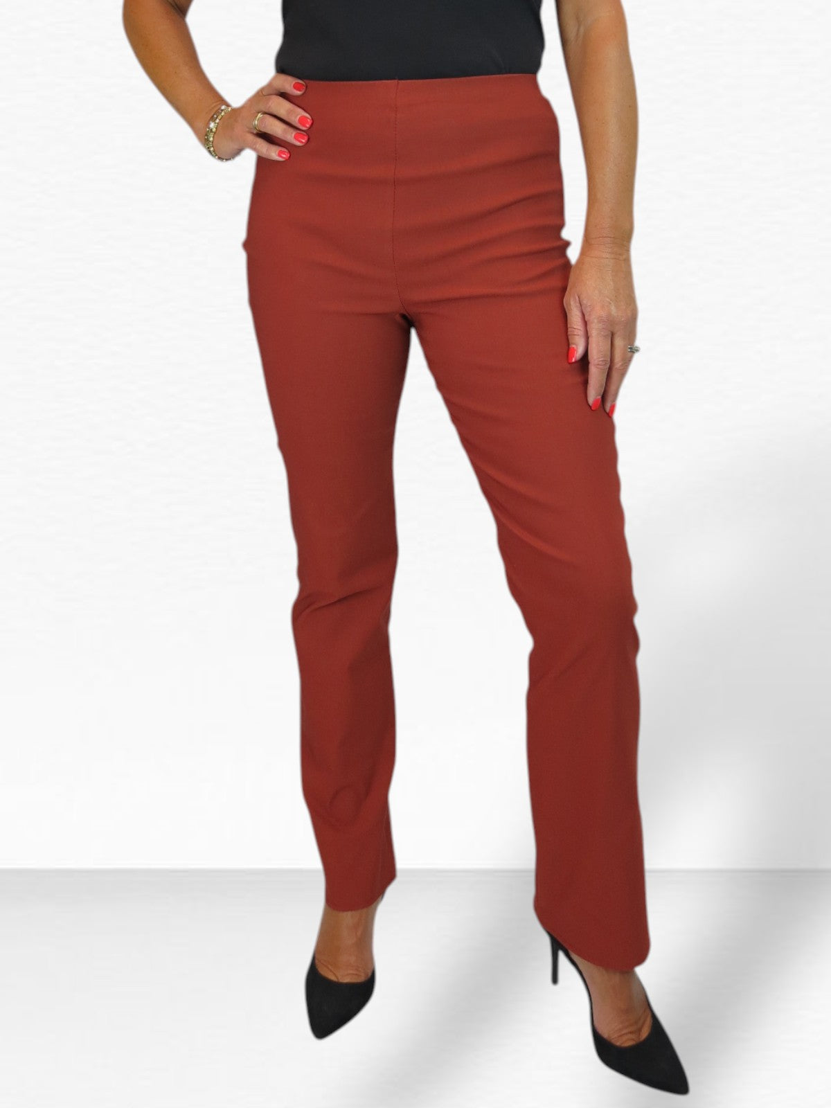 Elasticated Waist Straight Leg Trousers Rust Brown