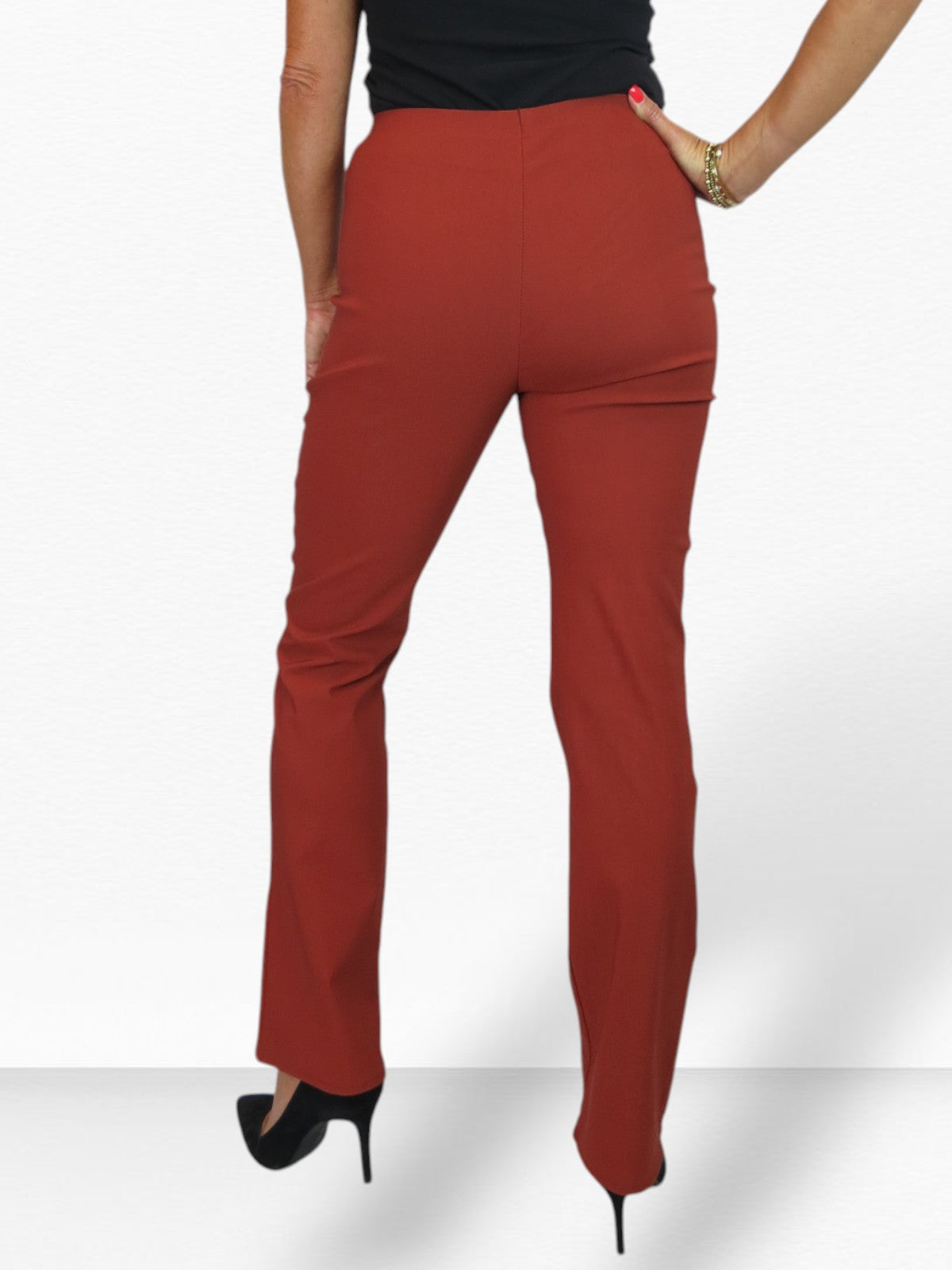 Elasticated Waist Straight Leg Trousers Rust Brown