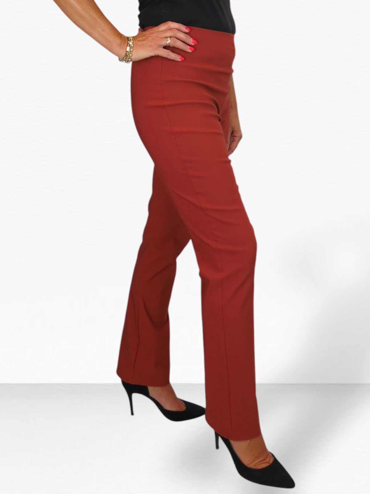 Elasticated Waist Straight Leg Trousers Rust Brown