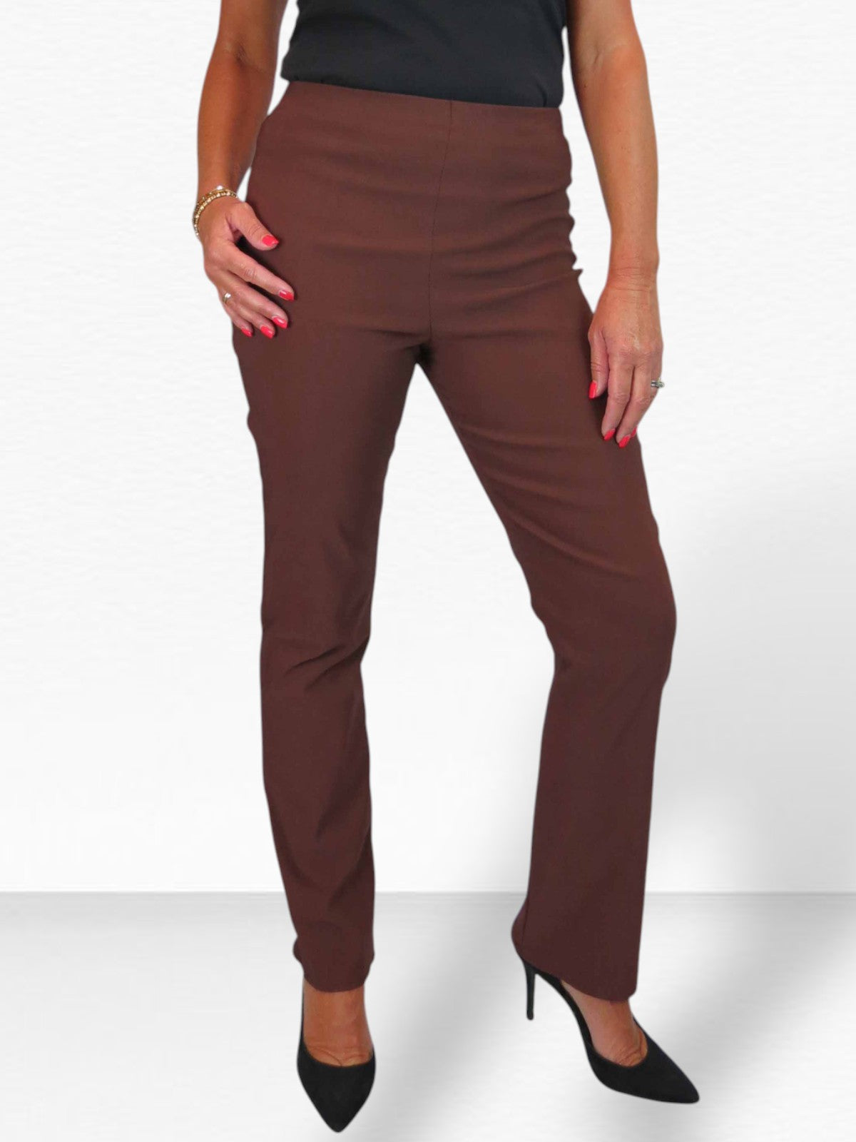 Elasticated Waist Straight Leg Trousers Brown