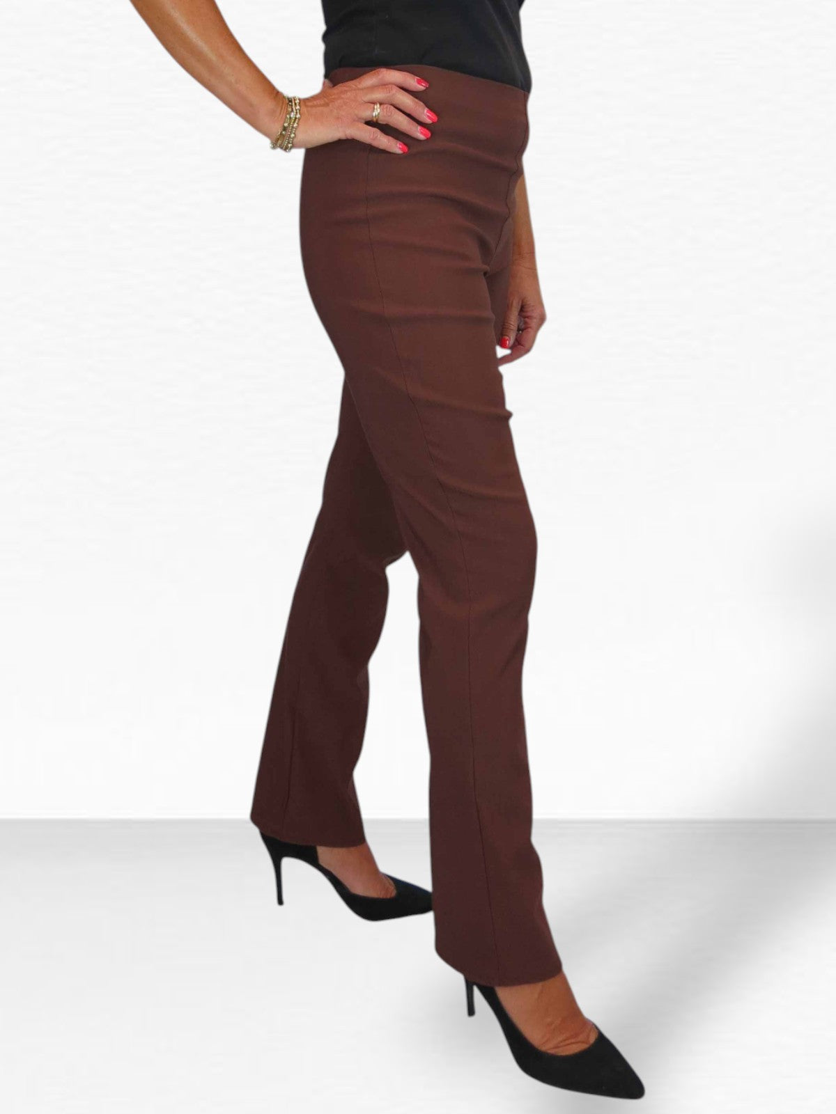 Elasticated Waist Straight Leg Trousers Brown