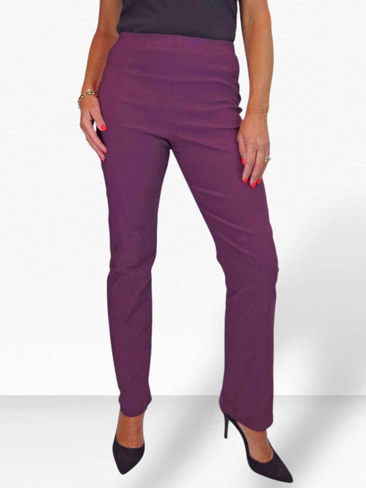 Elasticated Waist Straight Leg Trousers Plum