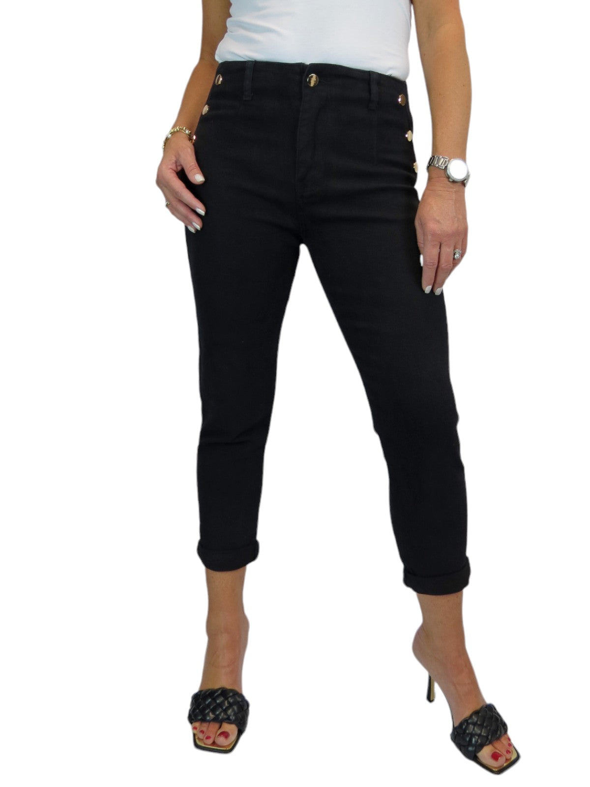 3/4 Stretch Denim Slim Leg Gold Button Detail Trousers Black