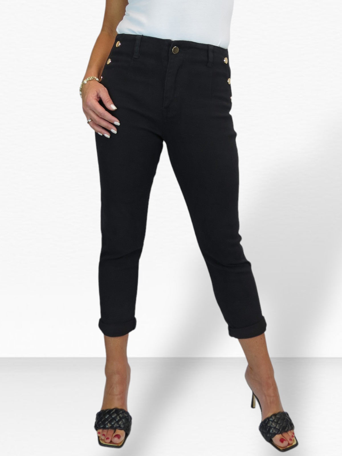 3/4 Stretch Denim Slim Leg Gold Button Detail Trousers Black