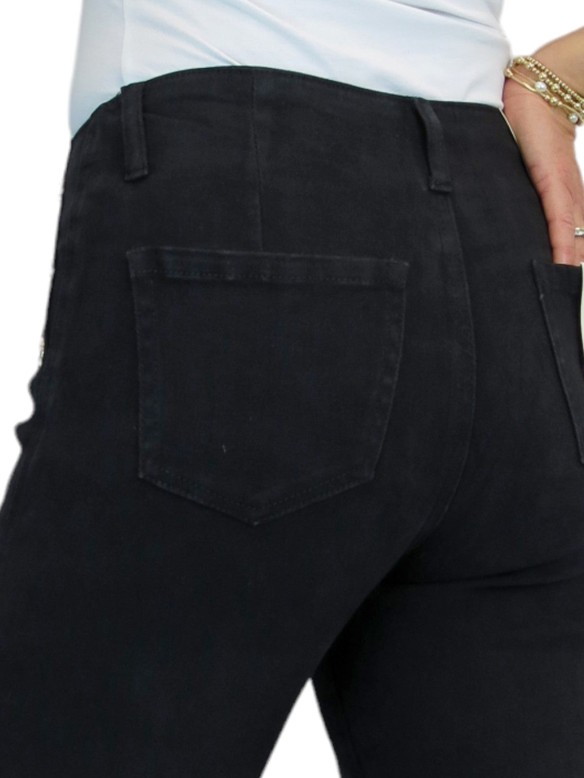 3/4 Stretch Denim Slim Leg Gold Button Detail Trousers Black