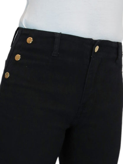 3/4 Stretch Denim Slim Leg Gold Button Detail Trousers Black