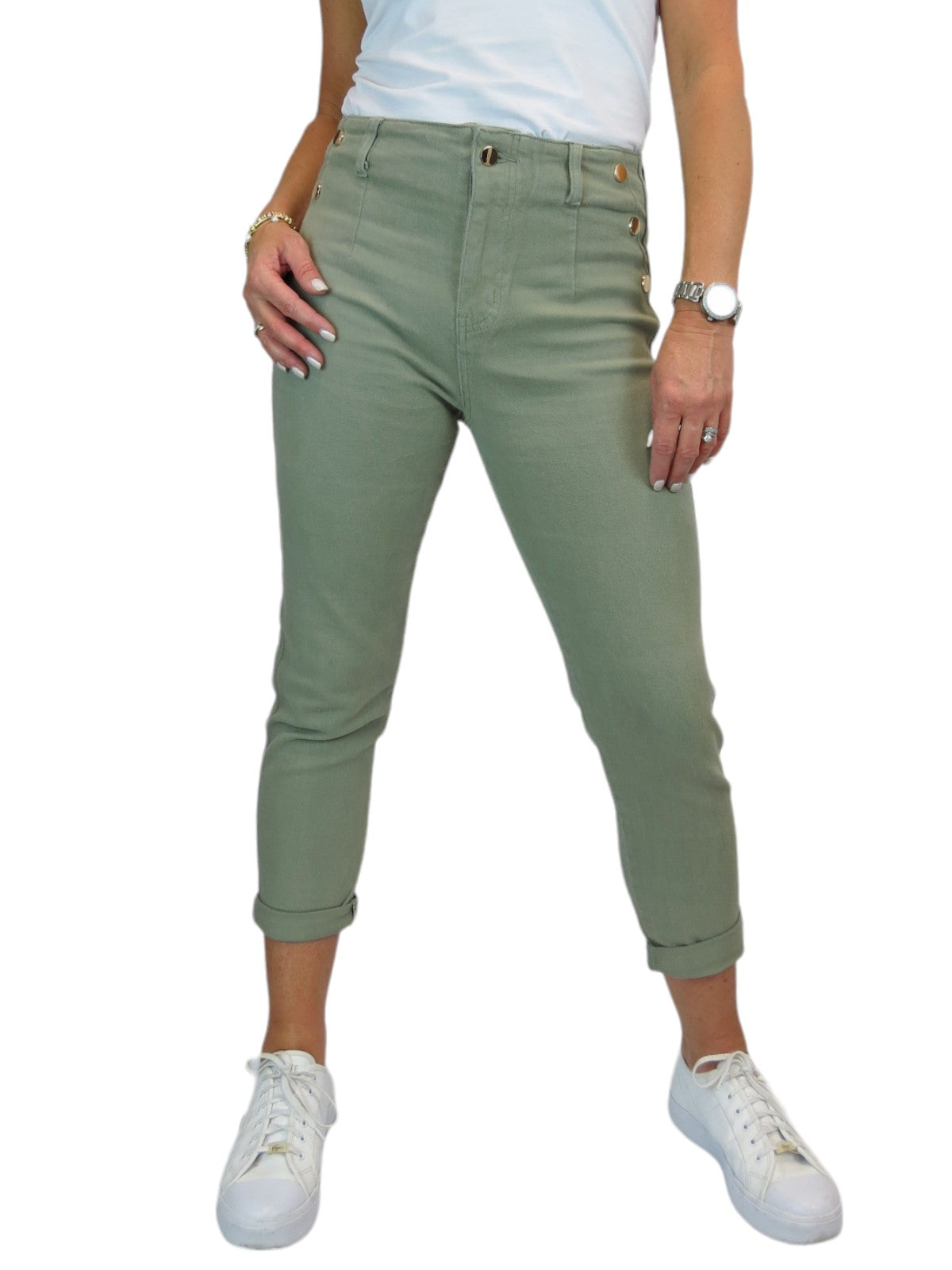 3/4 Stretch Denim Slim Leg Gold Button Detail Trousers Khaki Green