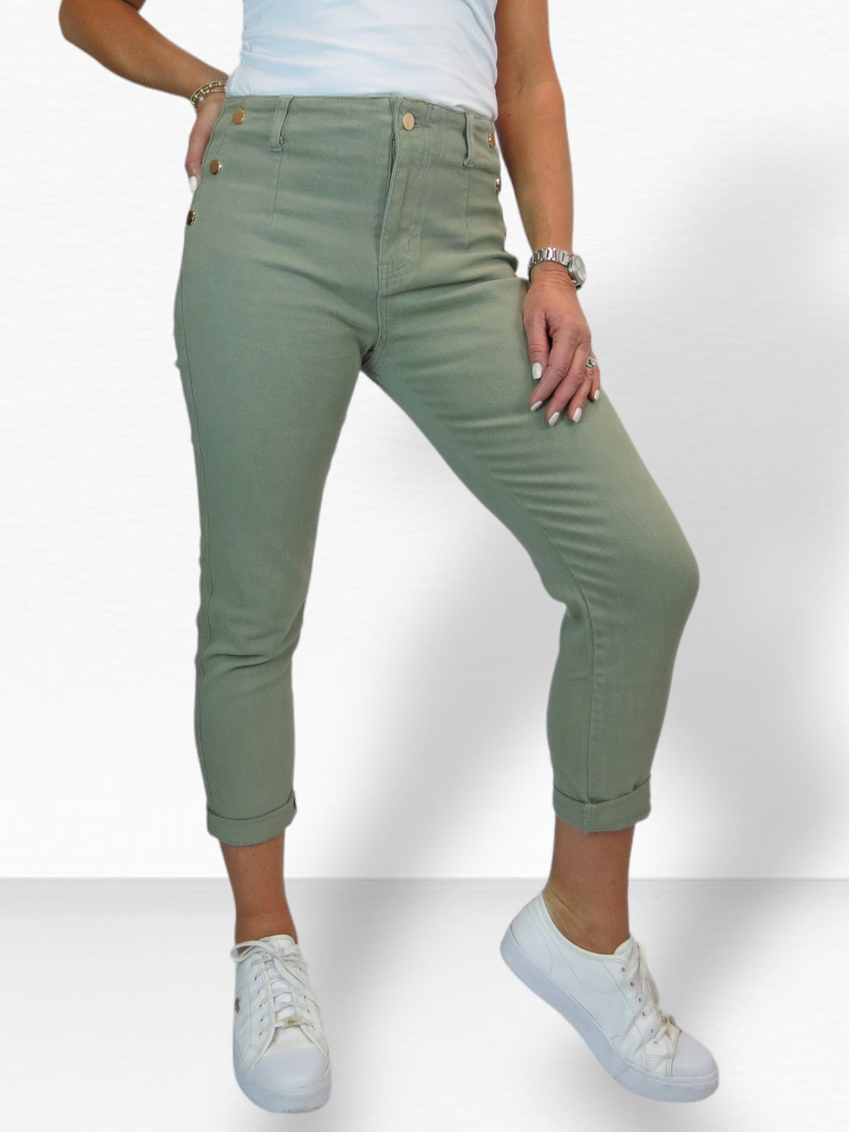 3/4 Stretch Denim Slim Leg Gold Button Detail Trousers Khaki Green