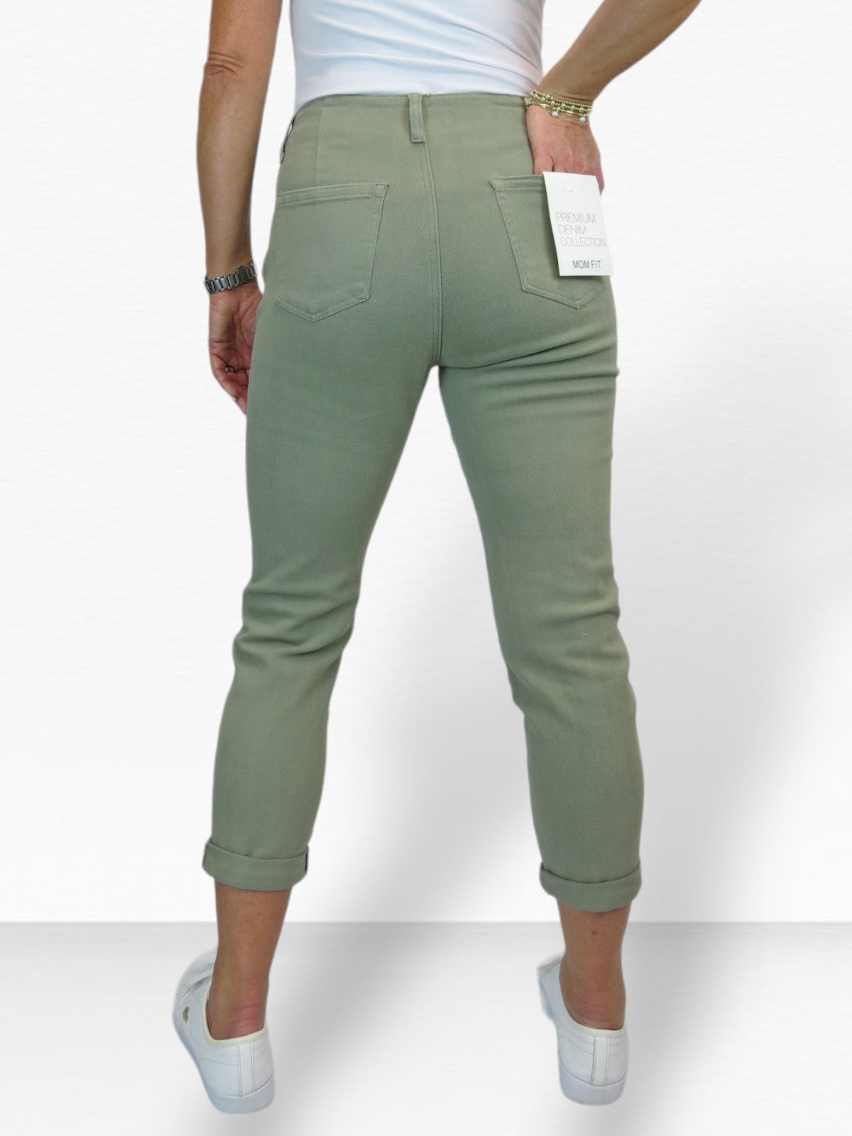 3/4 Stretch Denim Slim Leg Gold Button Detail Trousers Khaki Green