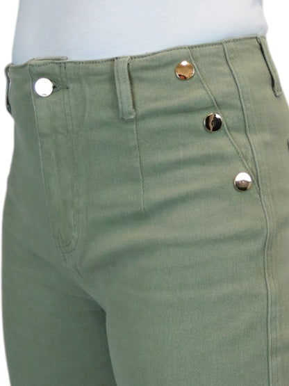 3/4 Stretch Denim Slim Leg Gold Button Detail Trousers Khaki Green