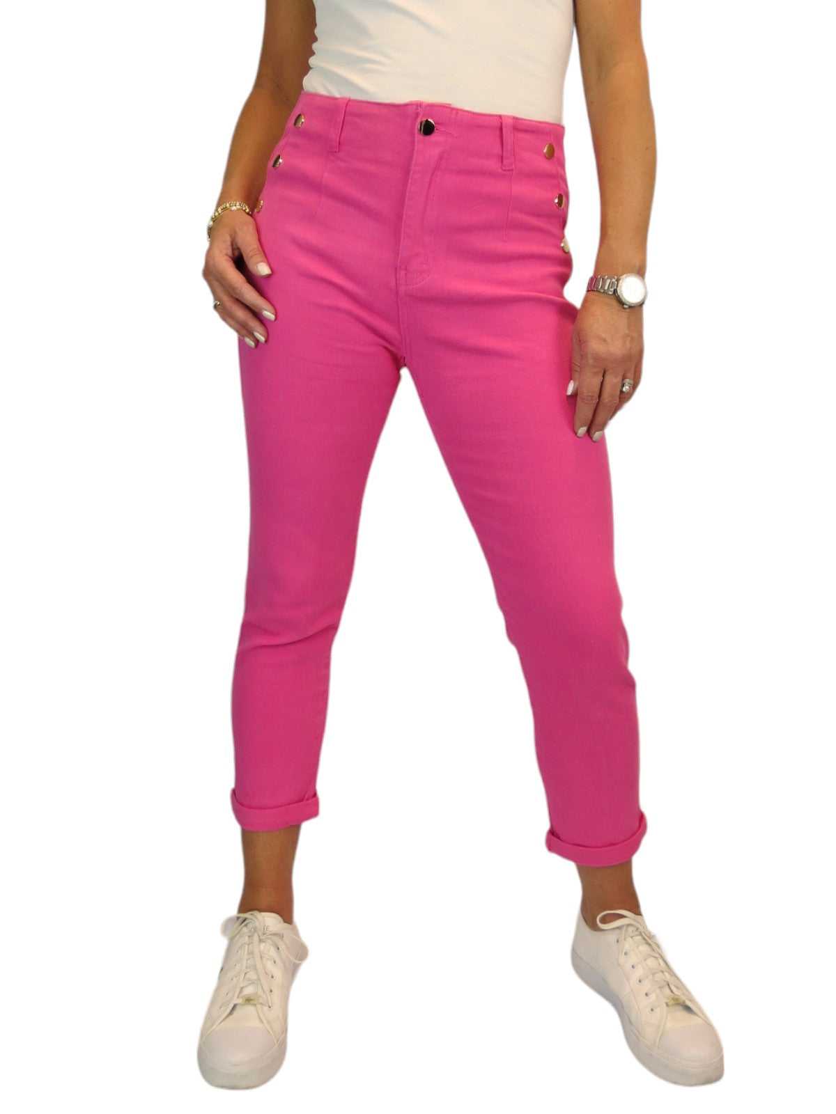 3/4 Stretch Denim Slim Leg Gold Button Detail Trousers Fuchsia Pink