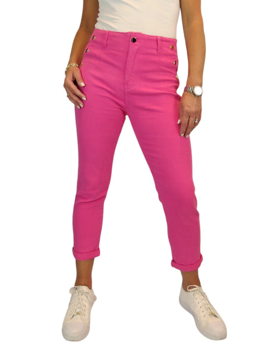 Slim Stretch Denim 3/4 Crops with Gold Button Detail Fuchsia Pink