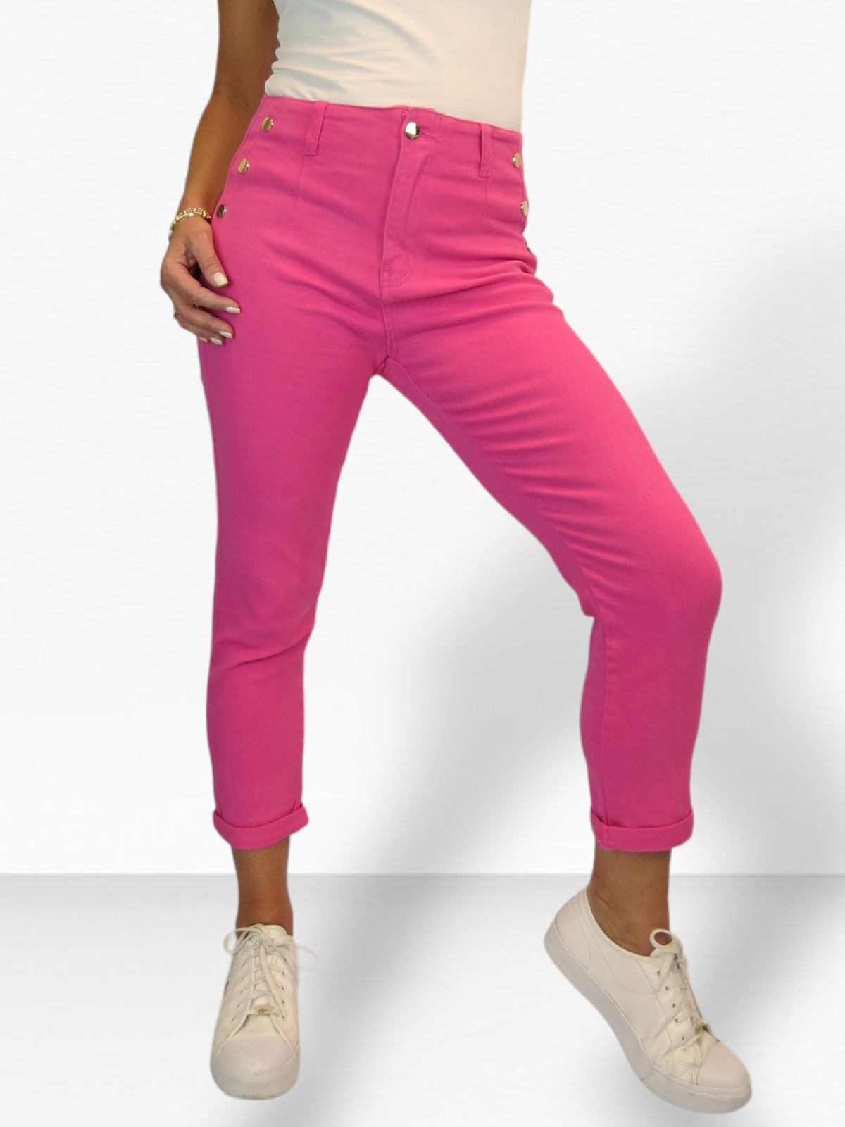 3/4 Stretch Denim Slim Leg Gold Button Detail Trousers Fuchsia Pink