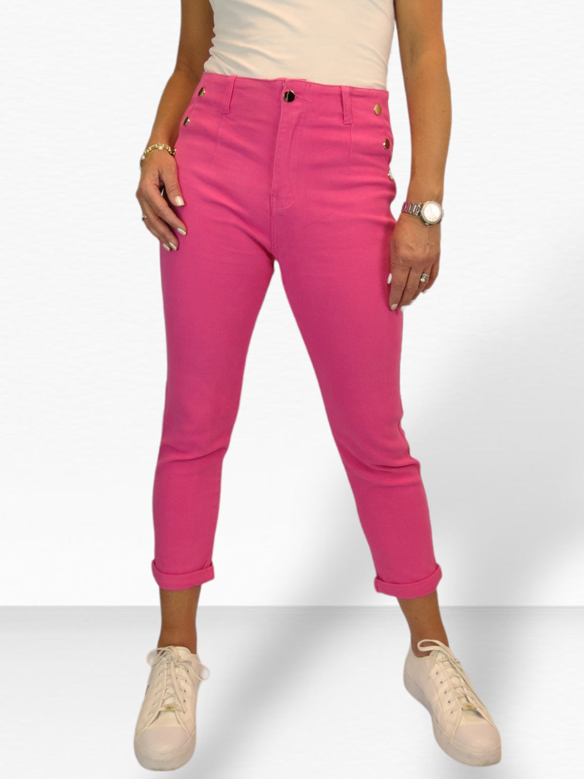 Slim Stretch Denim 3/4 Crops with Gold Button Detail Fuchsia Pink