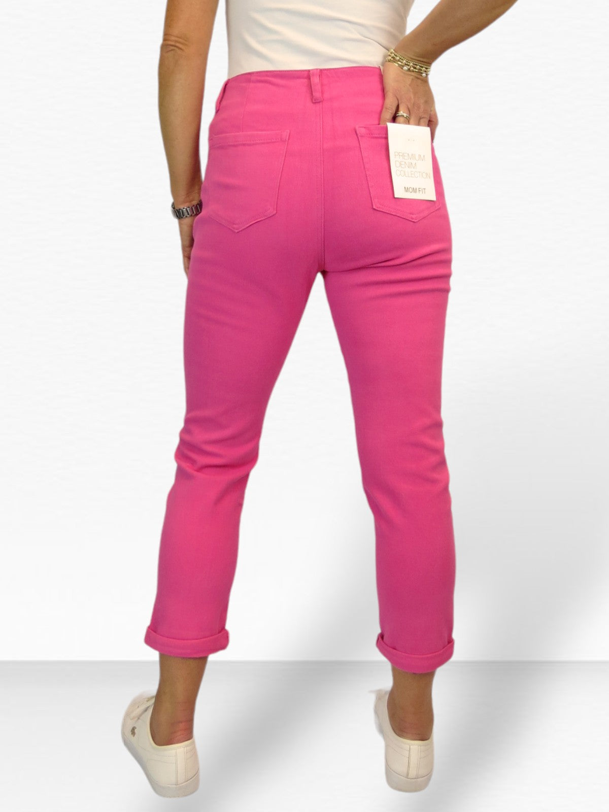 3/4 Stretch Denim Slim Leg Gold Button Detail Trousers Fuchsia Pink