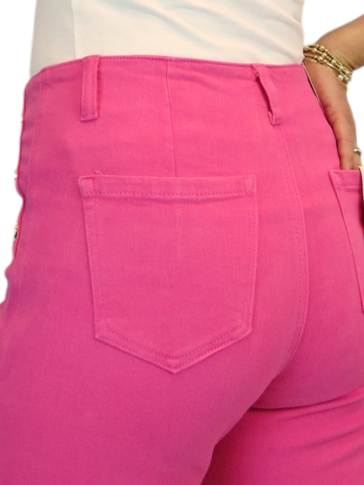 3/4 Stretch Denim Slim Leg Gold Button Detail Trousers Fuchsia Pink