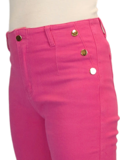 3/4 Stretch Denim Slim Leg Gold Button Detail Trousers Fuchsia Pink