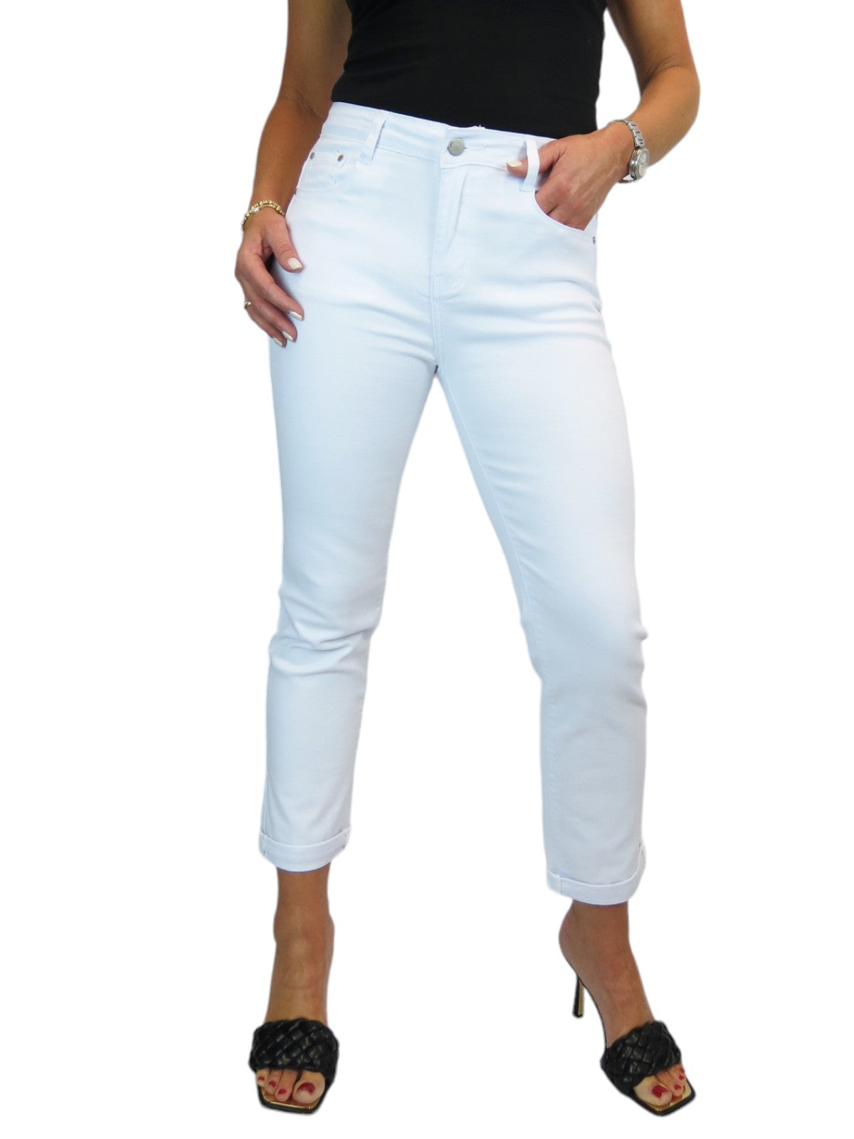 Women's Ankle Length Turn Up Straight Leg Denim Jeans White