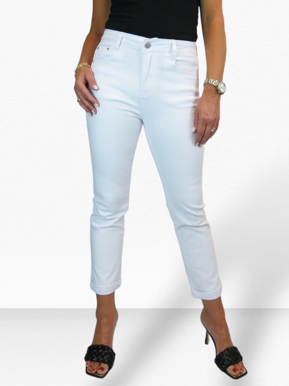 Women's Ankle Length Turn Up Straight Leg Denim Jeans White