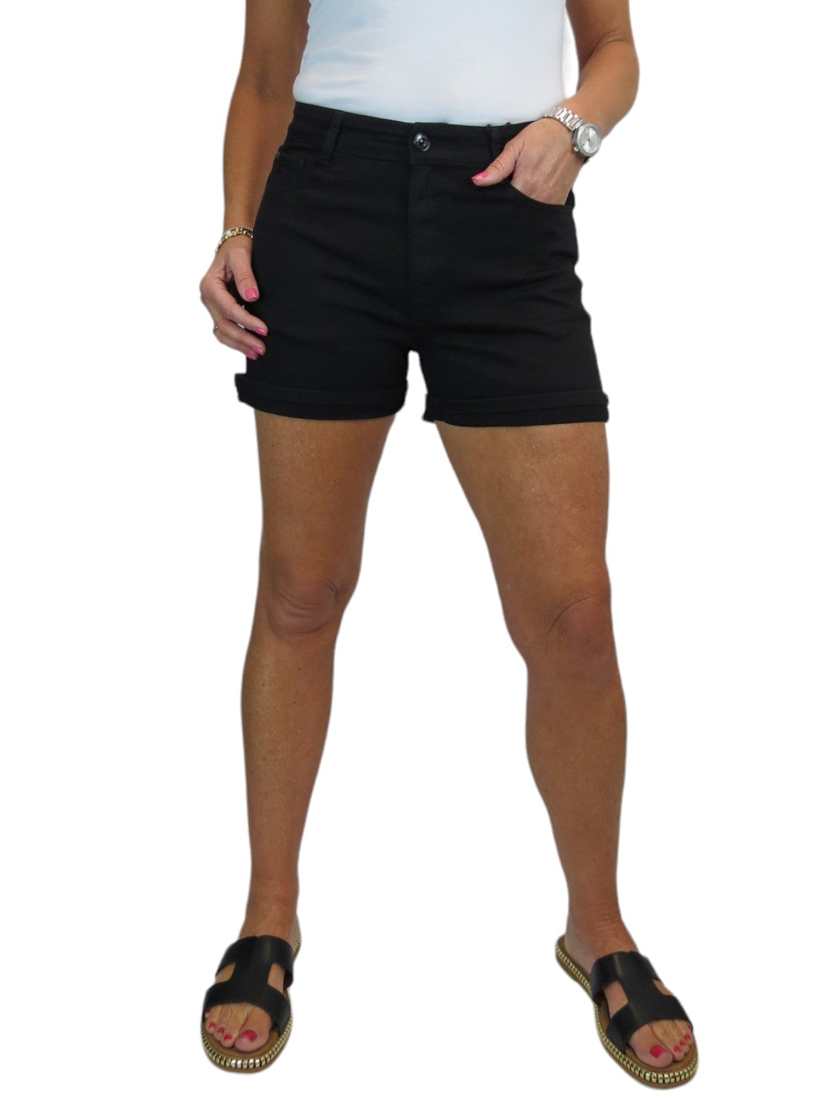 Women's Summer Denim Slim Fit Shorts with Turn Up Cuff Black