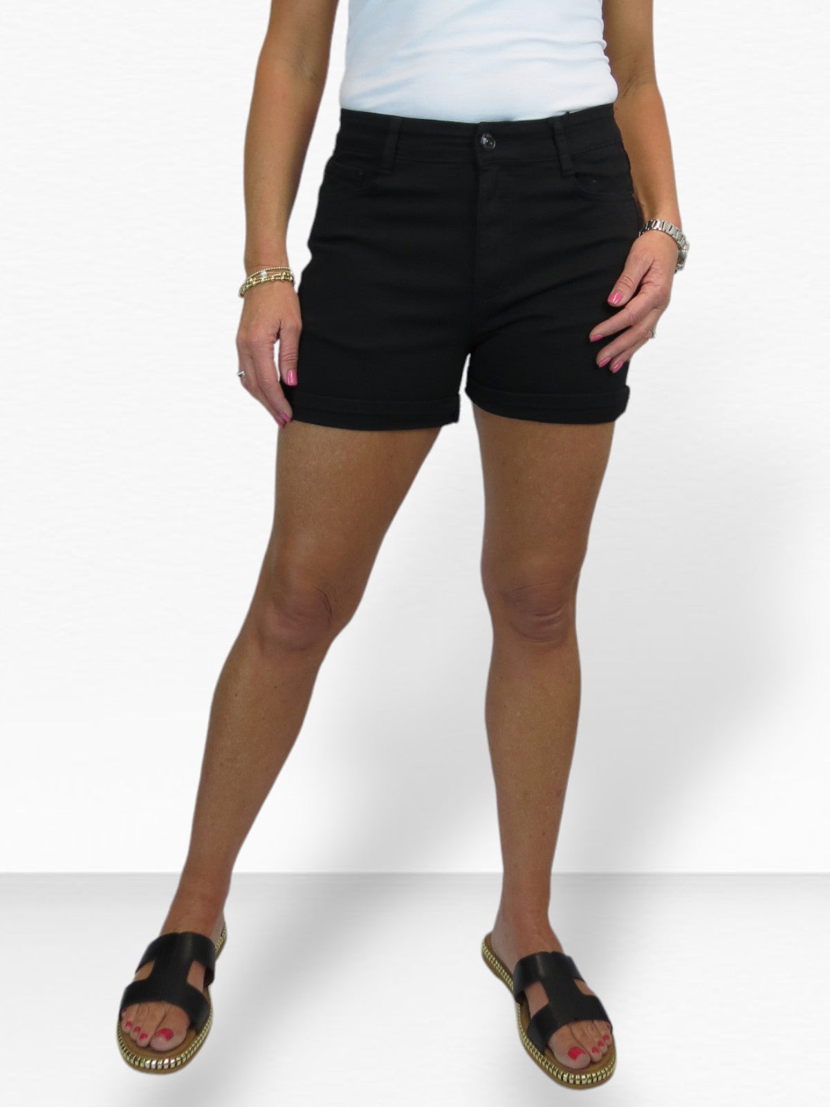 Women's Summer Denim Slim Fit Shorts with Turn Up Cuff Black