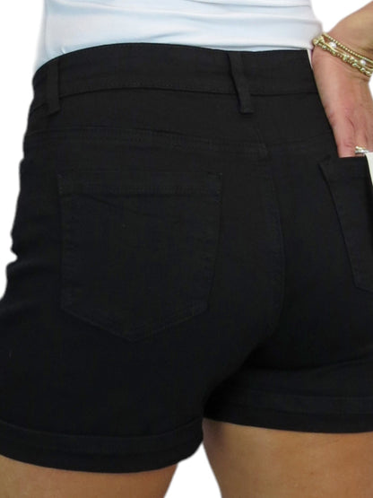 Women's Summer Denim Slim Fit Shorts with Turn Up Cuff Black