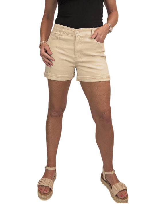 Women's Summer Denim Slim Fit Shorts with Turn Up Cuff Beige