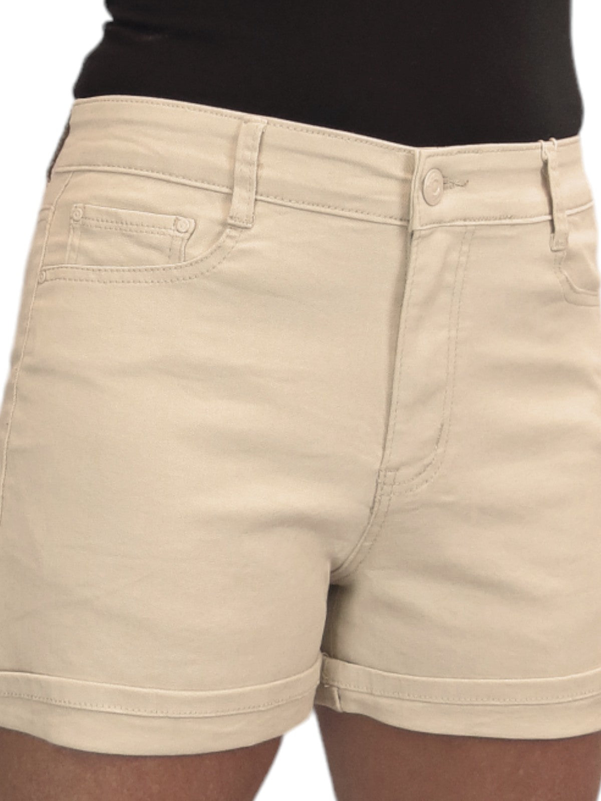 Women's Summer Denim Slim Fit Shorts with Turn Up Cuff Beige