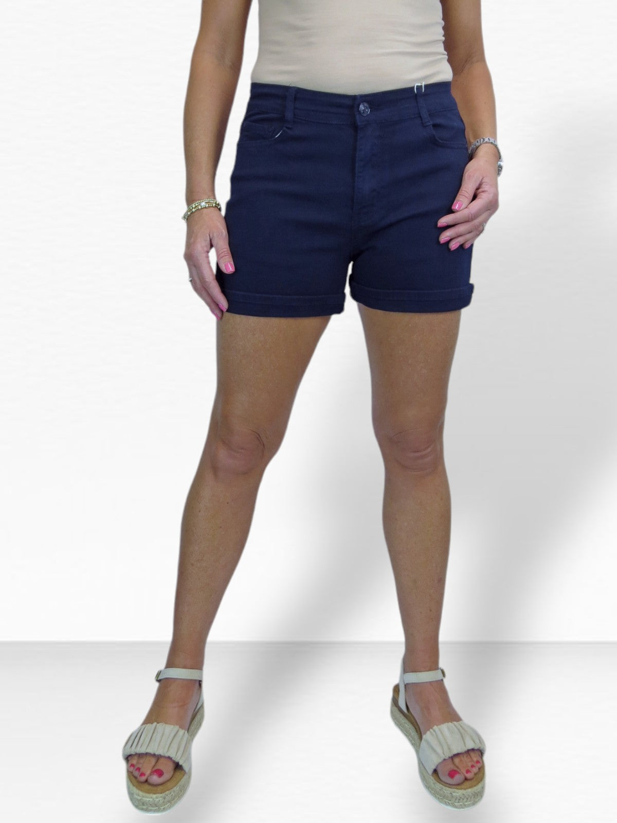 Women's Summer Denim Slim Fit Shorts with Turn Up Cuff Navy Blue