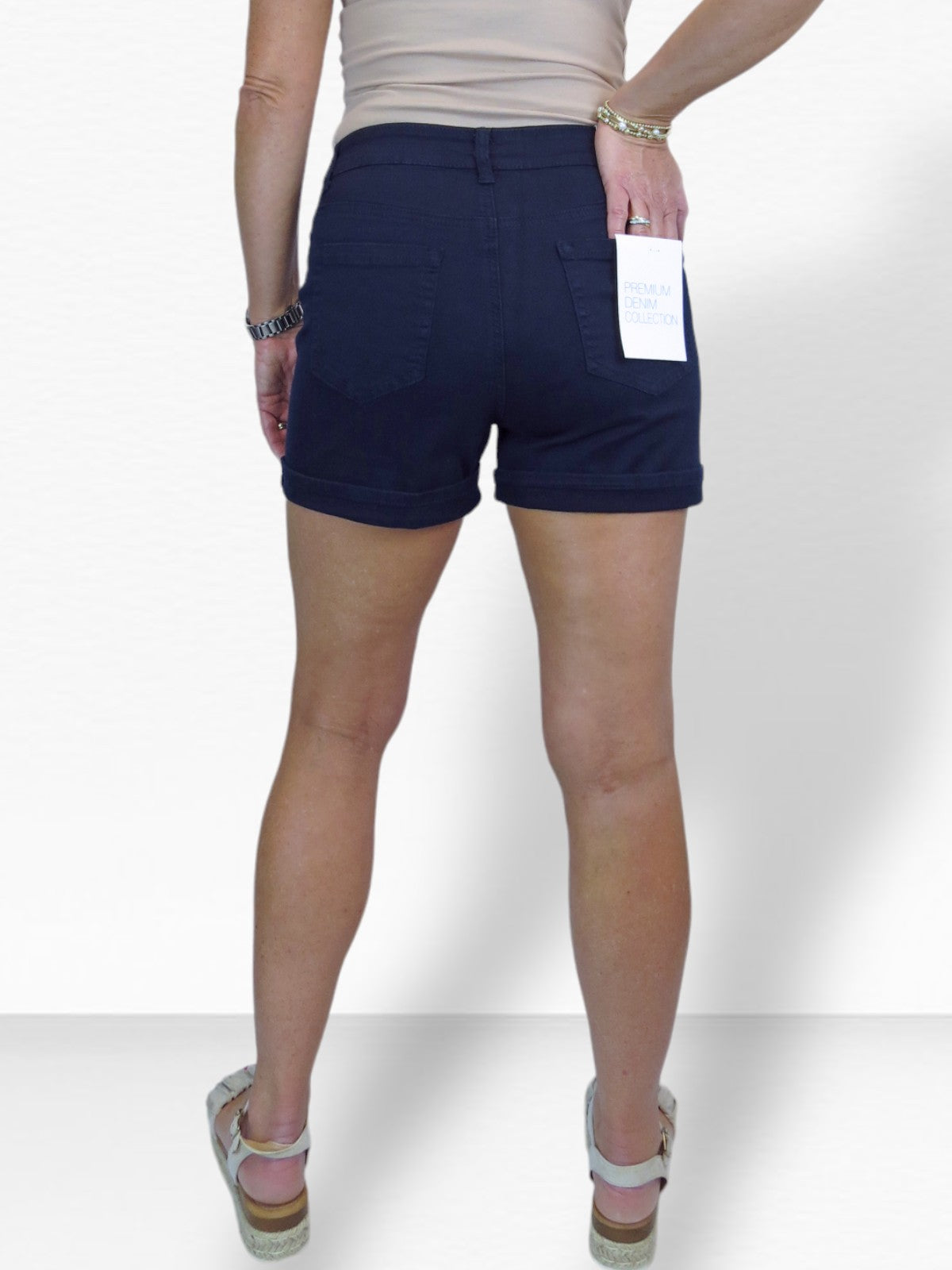 Women's Summer Denim Slim Fit Shorts with Turn Up Cuff Navy Blue