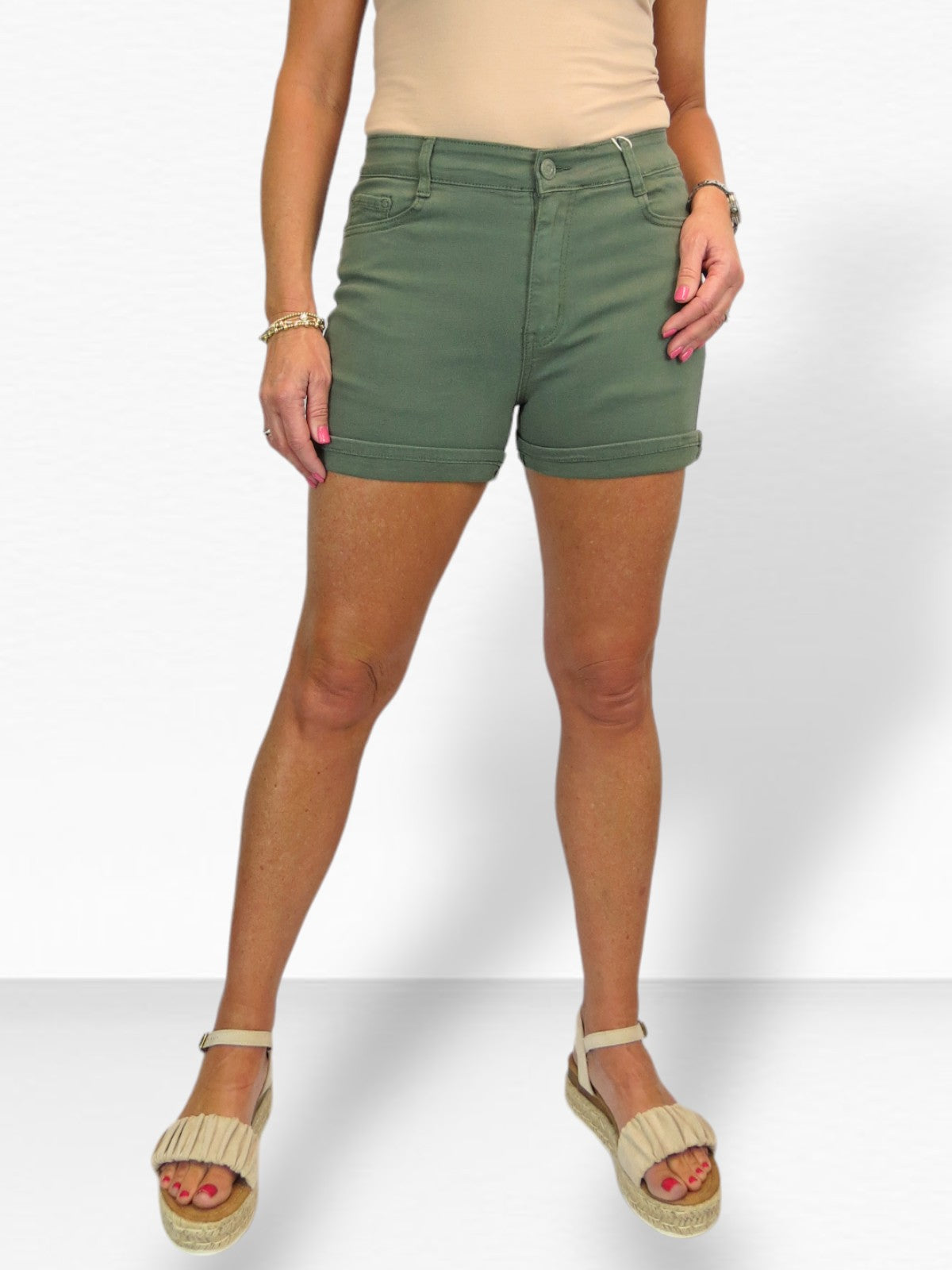 Women's Summer Denim Slim Fit Shorts with Turn Up Cuff Khaki Green