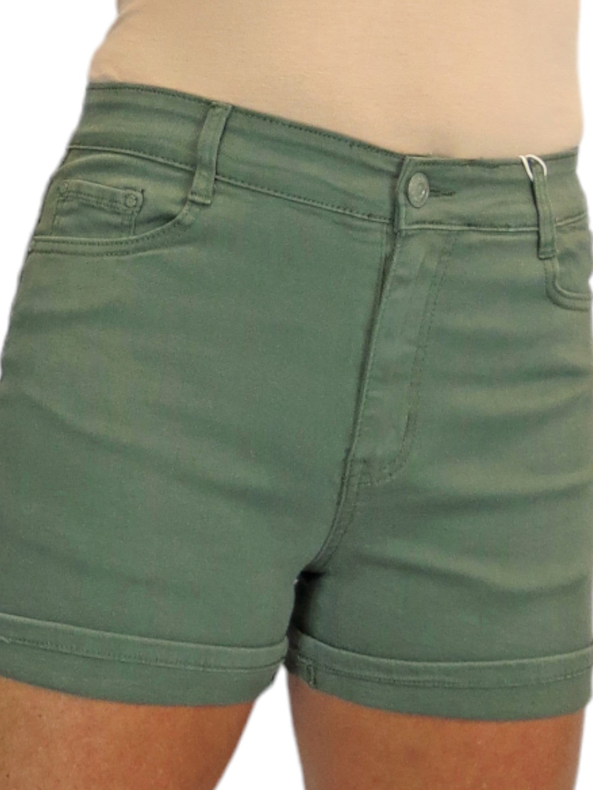 Women's Summer Denim Slim Fit Shorts with Turn Up Cuff Khaki Green
