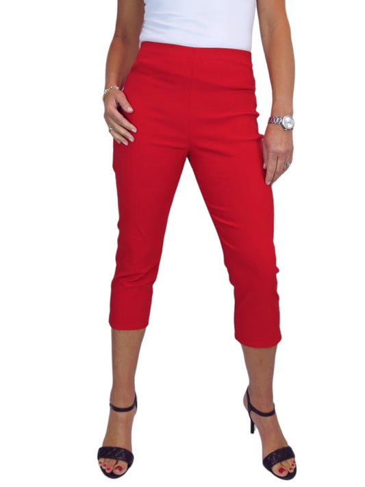 Women's Pull On Elasticated Waist Cropped Trousers Red