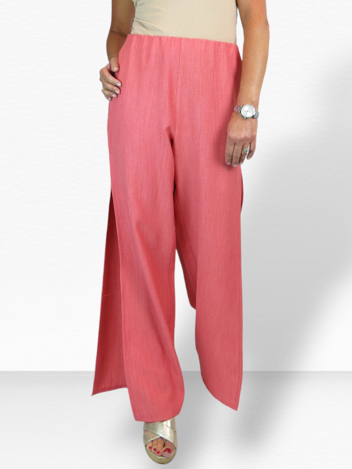 Women's Linen Look Open Leg Trousers Coral