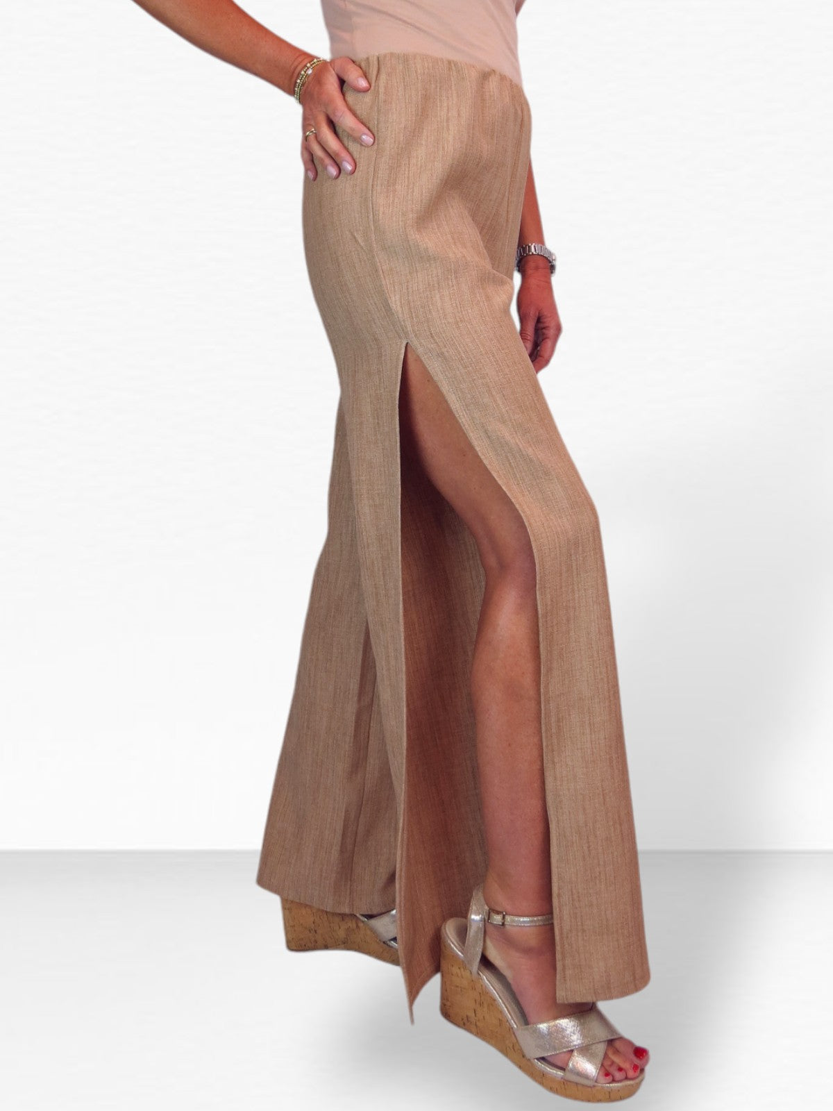 Women's Linen Look Open Leg Trousers Tan