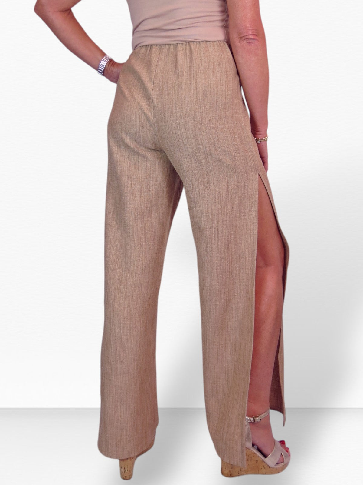Women's Linen Look Open Leg Trousers Tan