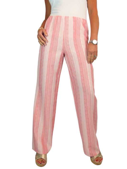 Women's Wide Leg Striped Linen Trousers Coral